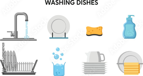 A collection of dishwashingrelated illustrations including a faucet dishes and soap