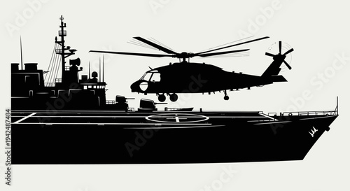 Military helicopter taking off from naval ship deck in dynamic motion