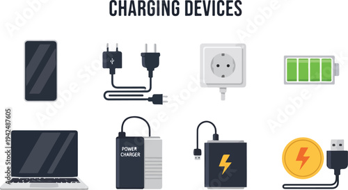 A collection of icons representing charging devices Included phone adapter outlet battery laptop power bank coin and USB