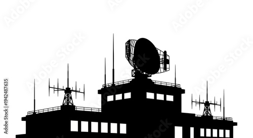 Modern communication tower with satellite dish and antennas on rooftop