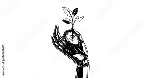 Robotic hand nurturing a growing plant with leaves