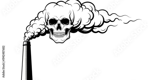 Smoking skull emerging from industrial chimney with toxic fumes