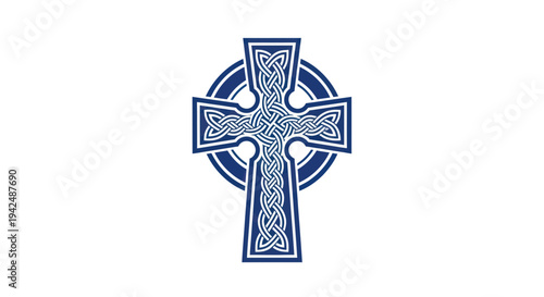 Celtic Cross Symbol with Intricate Knotwork, Blue and White Design