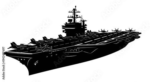 Silhouette of aircraft carrier with fighter jets on deck