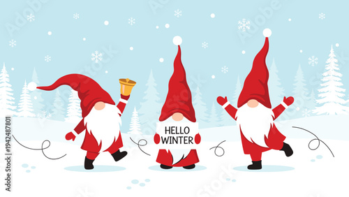 Cheerful Christmas gnomes in red hats and outfits playing in a snowy winter landscape, with one holding a "Hello Winter" sign and another ringing a bell.