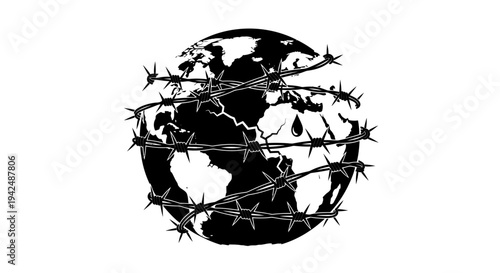 Dramatic globe wrapped in barbed wire with a tear drop symbolizing global struggle and confinement