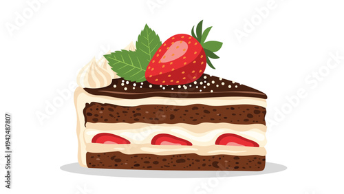 Delicious slice of chocolate cake with white cream layers and fresh strawberries, topped with a whole strawberry and mint leaves, ready to be enjoyed.