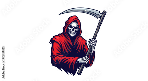 Grim Reaper with Scythe, Symbol of Death and Fear, Cartoon Style