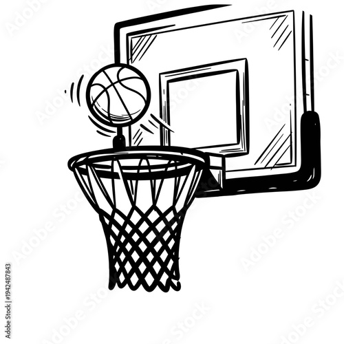 Hand-drawn sketch of a basketball going through a hoop with net