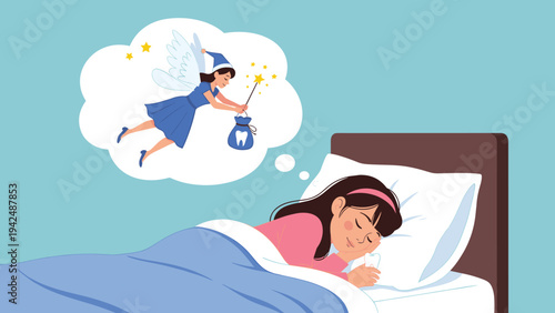 Little girl peacefully sleeping in her bed, dreaming of the tooth fairy with a magic wand and a bag of teeth, a classic childhood fantasy.