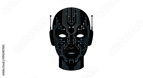 Futuristic robotic head with glowing blue circuits and antennae