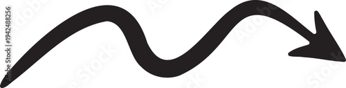 Wavy black hand drawn arrow pointing right on isolated background