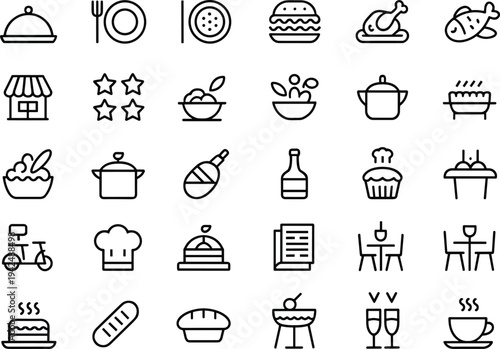 Restaurant Food and Gastronomy Icon Set Featuring Burger Pizza Chef Hat Bakery Coffee and Fine Dining Vector Illustrations