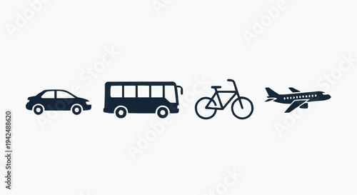 Transportation Icons Set with Car, Bus, Bicycle and Airplane Symbols for Travel, Public Transport and Vehicle Mobility Concept, Minimal Vector Graphic for Web and App Design