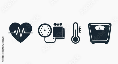 Health Monitoring Icons Set with Heartbeat, Blood Pressure, Thermometer, Clock and Weight Scale Symbols for Medical Checkup, Fitness Tracking and Healthcare Concept, Minimal Vector Design