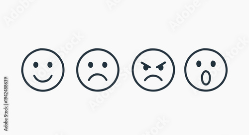 Emotion Face Icons Set with Happy, Sad, Angry and Surprised Expressions for Feedback, Rating and Mood Reaction Concept, Minimal Line Vector Graphic for Web and App Design