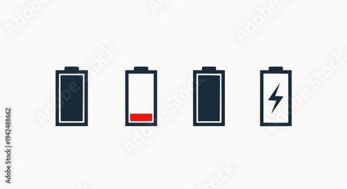 Battery Status Icons Set with Full, Low, Empty and Charging Symbols for Power Level Indicator, Smartphone Energy and Device Battery Monitoring, Minimal Vector Graphic for Web and App Designbattery, ba
