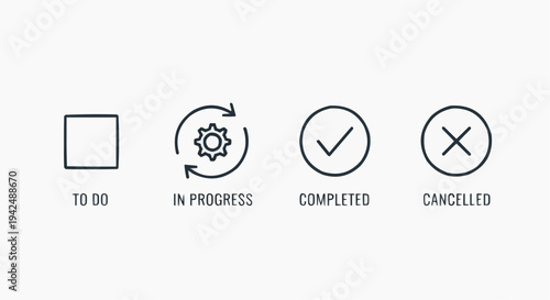 Task Status Icons Set with To Do, In Progress, Completed and Cancelled Symbols for Workflow, Project Management and Task Tracking Interface, Minimal Vector Graphic for Web and App Design