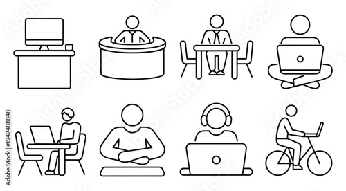 Workspace Icons Desk, Computer, Meeting, Freelancer, Office, Headset, Cycling. Modern office and coworking icons, work-from-home and professional tools