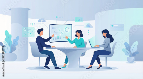 Collaborative business team meeting analyzing data with innovative SaaS solutions, set against a sleek digital office background for modern corporate strategy