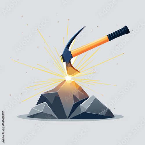 Mining pickaxe hitting dark rock revealing golden light