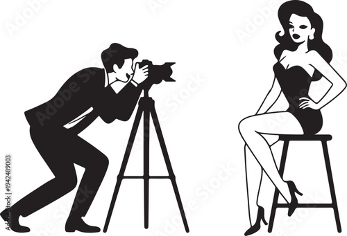 Classic silhouette of a photographer and glamour model posing for a shoot