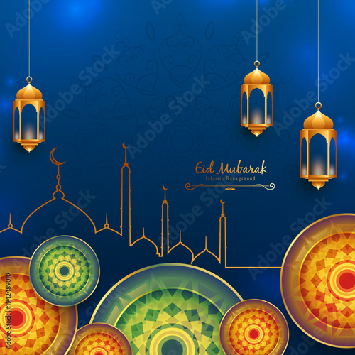 Eid Mubarak festival background design | Traditional Islamic background with glitters | Elegant colourful background with mandala water mark | Celebration card demo on navy blue background