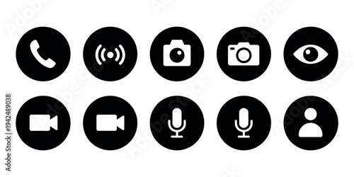 Website Interface Button Icon Set Featuring Phone Call Photo Camera User Pictogram Microphone Mute Video Call Symbols Vector Illustration
