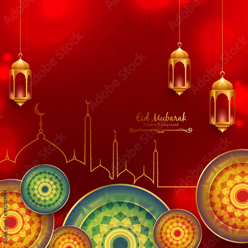 Eid Mubarak festival background design | Traditional Islamic background with glitters | Elegant colourful background with mandala water mark | Celebration card demo on gradient background