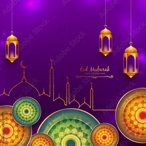 Eid Mubarak festival background design | Traditional Islamic background with glitters | Elegant colourful background with mandala water mark | Celebration card demo on Dark Violet background