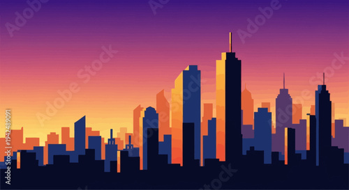 Modern cityscape silhouette at vibrant sunset with colorful gradient sky