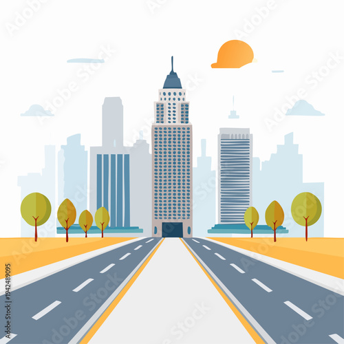 Modern cityscape with central skyscraper, wide road, and trees