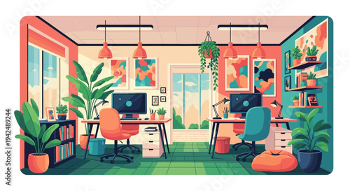 Modern co-working office interior with plants and colorful decor