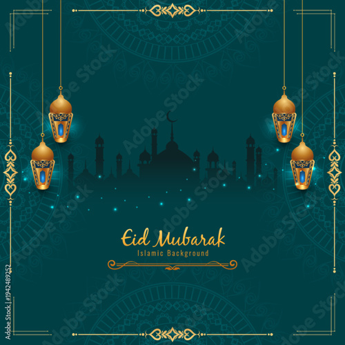 Eid Mubarak 3d ornament background design | Traditional Islamic background with glitters | Elegant abstract background with mandala water mark | Celebration card demo on Pacific Cyan background