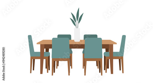 Modern dining table with six chairs and plant vase