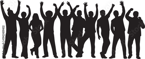 Diverse people celebrating achievement with raised arms in a joyful group silhouette