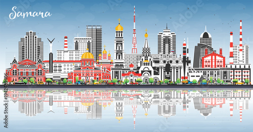 Samara Russia city skyline with color buildings, blue sky and reflections. Illustration. Samara cityscape with landmarks. Business travel and tourism concept with modern and historic architecture.