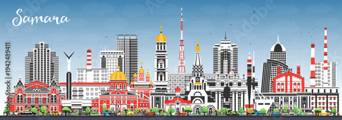 Samara Russia city skyline with color buildings and blue sky. Illustration. Samara cityscape with landmarks. Business travel and tourism concept with modern and historic architecture.