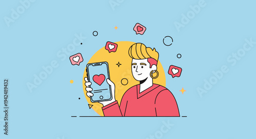 Modern person holding smartphone with social media heart likes