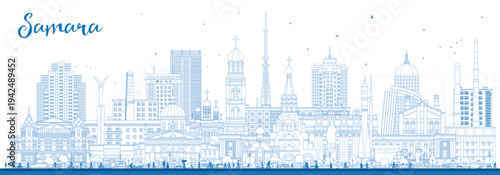 Outline Samara Russia city skyline with blue buildings. Illustration. Samara cityscape with landmarks. Business travel and tourism concept with modern and historic architecture.