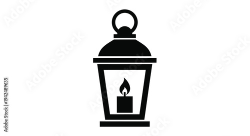 Simple black silhouette of a vintage lantern with a lit candle