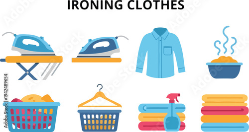 A graphic illustrating ironing clothes Includes irons shirts steaming basin baskets hangers towels and spray bottle