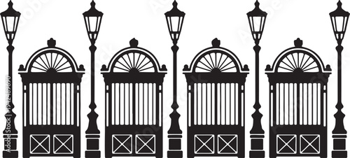 Elegant repeating wrought iron gates and classic street lamps create a timeless architectural pattern