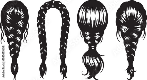 Elegant Braided Hairstyles Collection Silhouettes Featuring Various Intricate Plait Designs