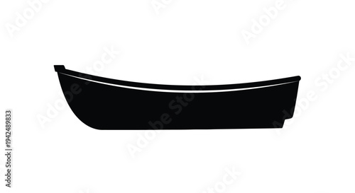 Simple black silhouette of a small wooden rowboat on a white background