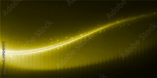 Abstract image of a dynamic yellow light wave with sparkles and energy, curving gracefully against a dark background, this eye-catching graphic radiates positivity and futuristic vibes.