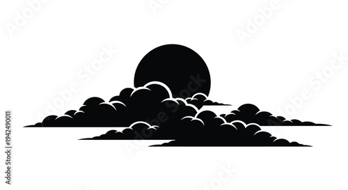 A stark black silhouette of clouds and a full moon scene