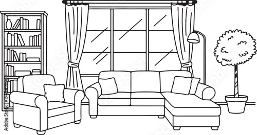 Home interior sketch featuring a comfortable sofa and armchair next to a window