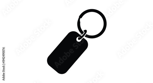 Simple black silhouette of a key ring with a rectangular tag