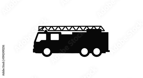 Simple black silhouette of a classic fire engine with extended ladder